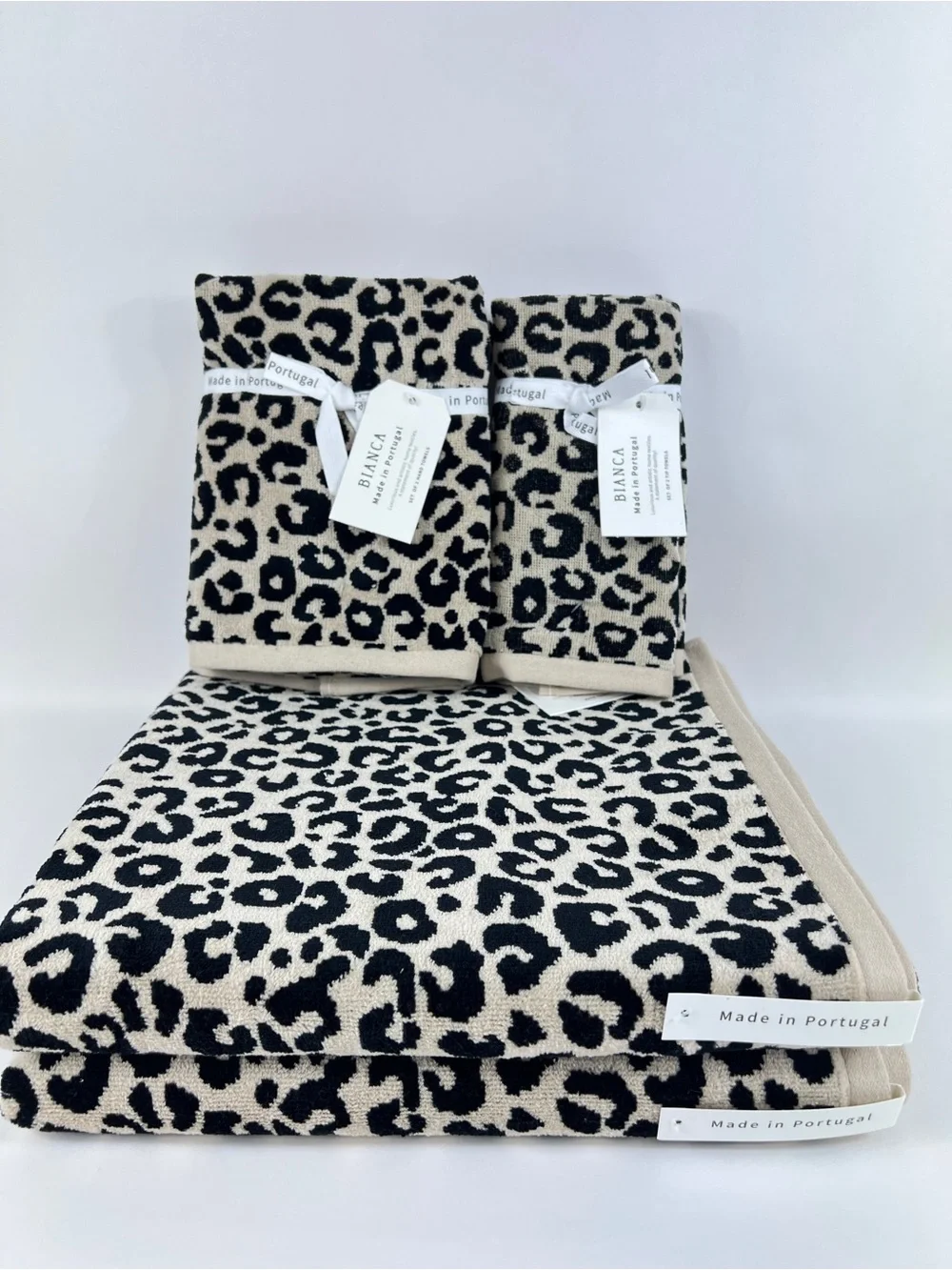 Bianca Bath Towel Set Luxurious Beige Black Leopard Print Velour Cotton 6pc NEW